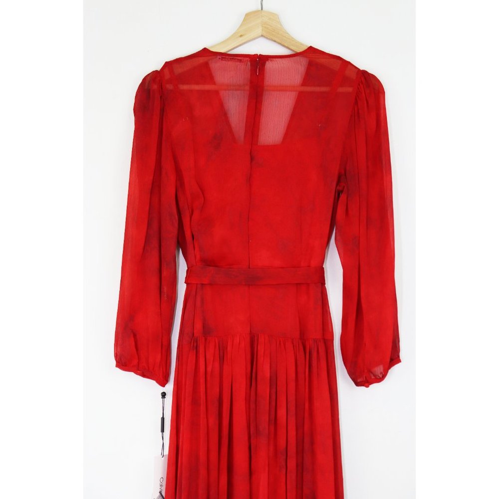 NWT Calvin Klein Chiffon Tie Waist Maxi Dress Surplice V-Neck Long Sleeve Red 6 - Picture 7 of 8